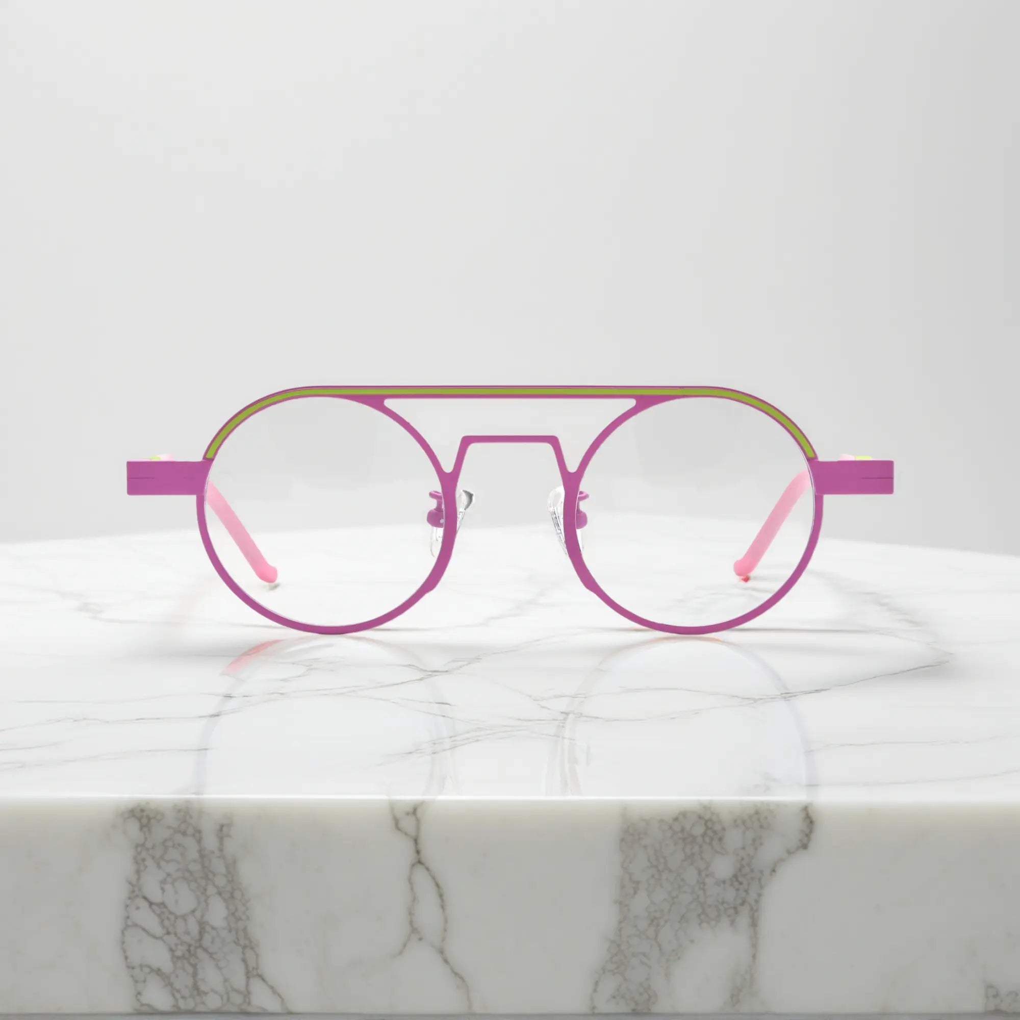 Front view of VoyueLens™ NeoPilot aviator glasses in Candy Lime color-block titanium frame with pink-green tones, part of the NeoPilot series